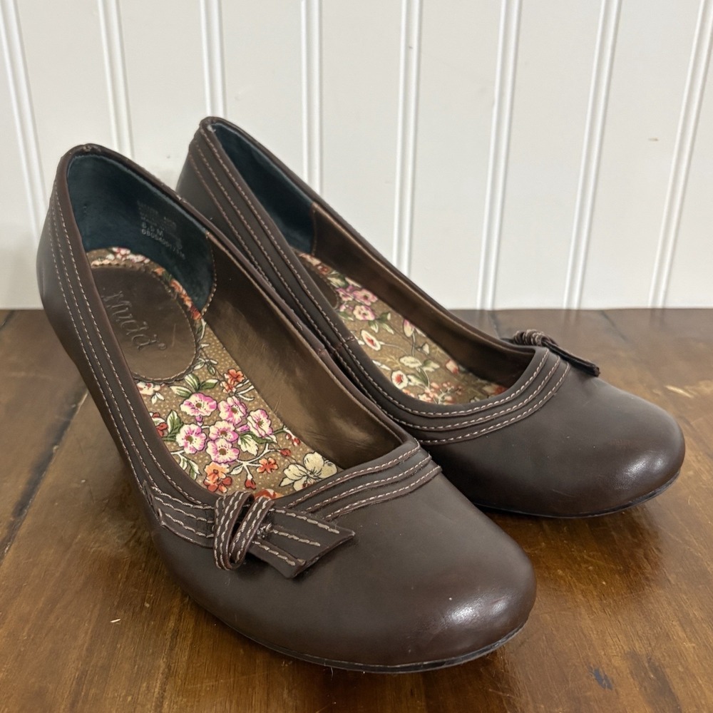 Vintage Y2K Mudd Salute Pumps Womens 8.5 Brown Bow Kitten Heel Twee Coquette